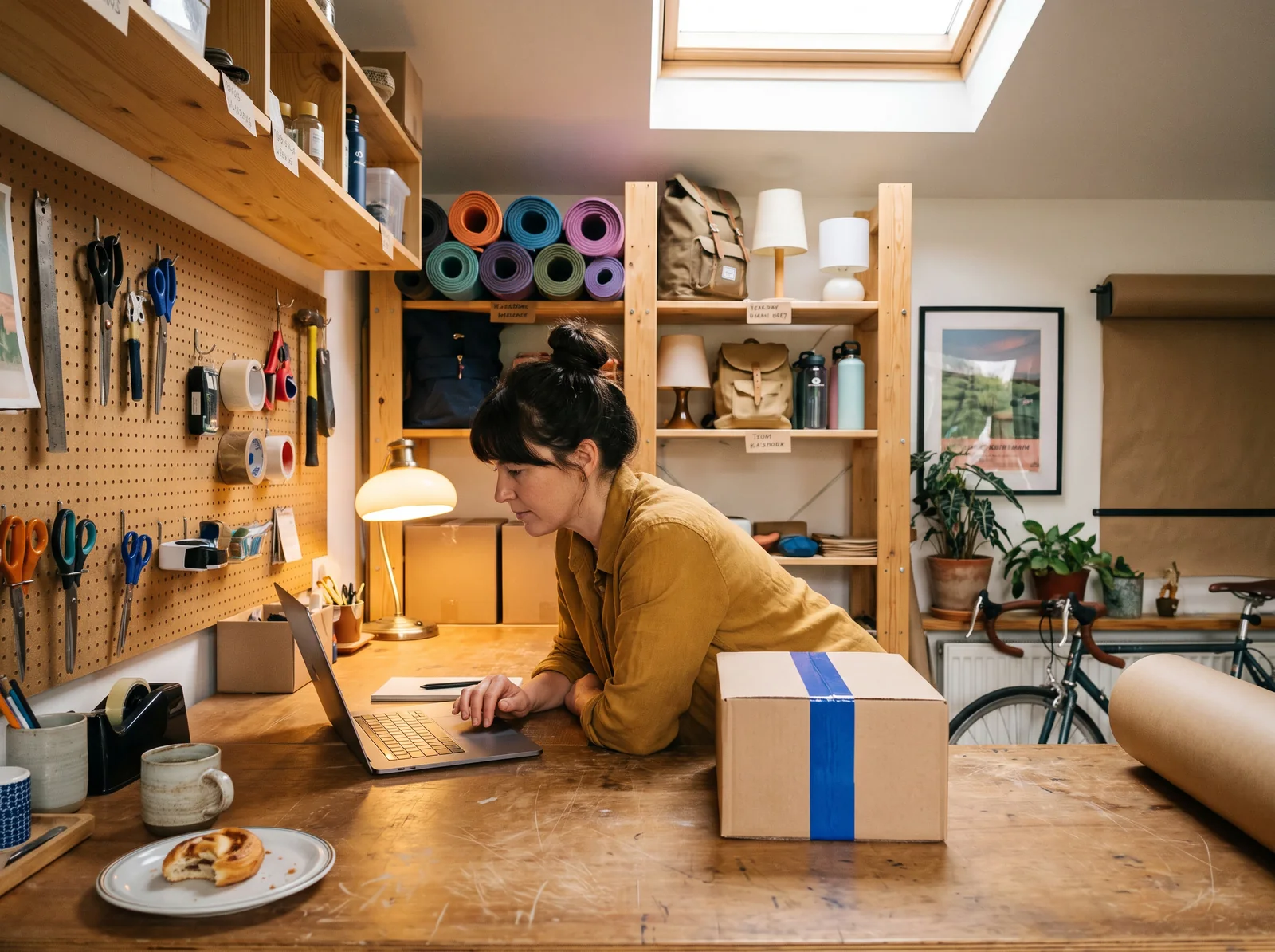 Eine Shop-Inhaberin in ihrem Studio, der Laptop offen auf der Werkbank, Yogamatten und Rucks&auml;cke in den Regalen, vor ihr ein Karton mit blauem Klebeband